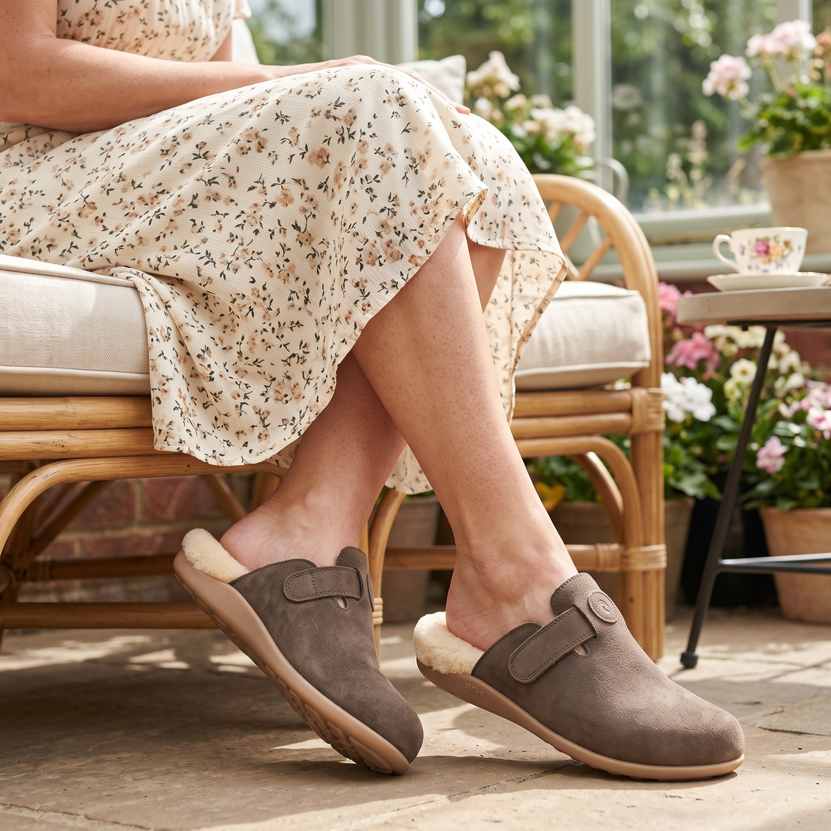 Woman wearing supportive slippers outside