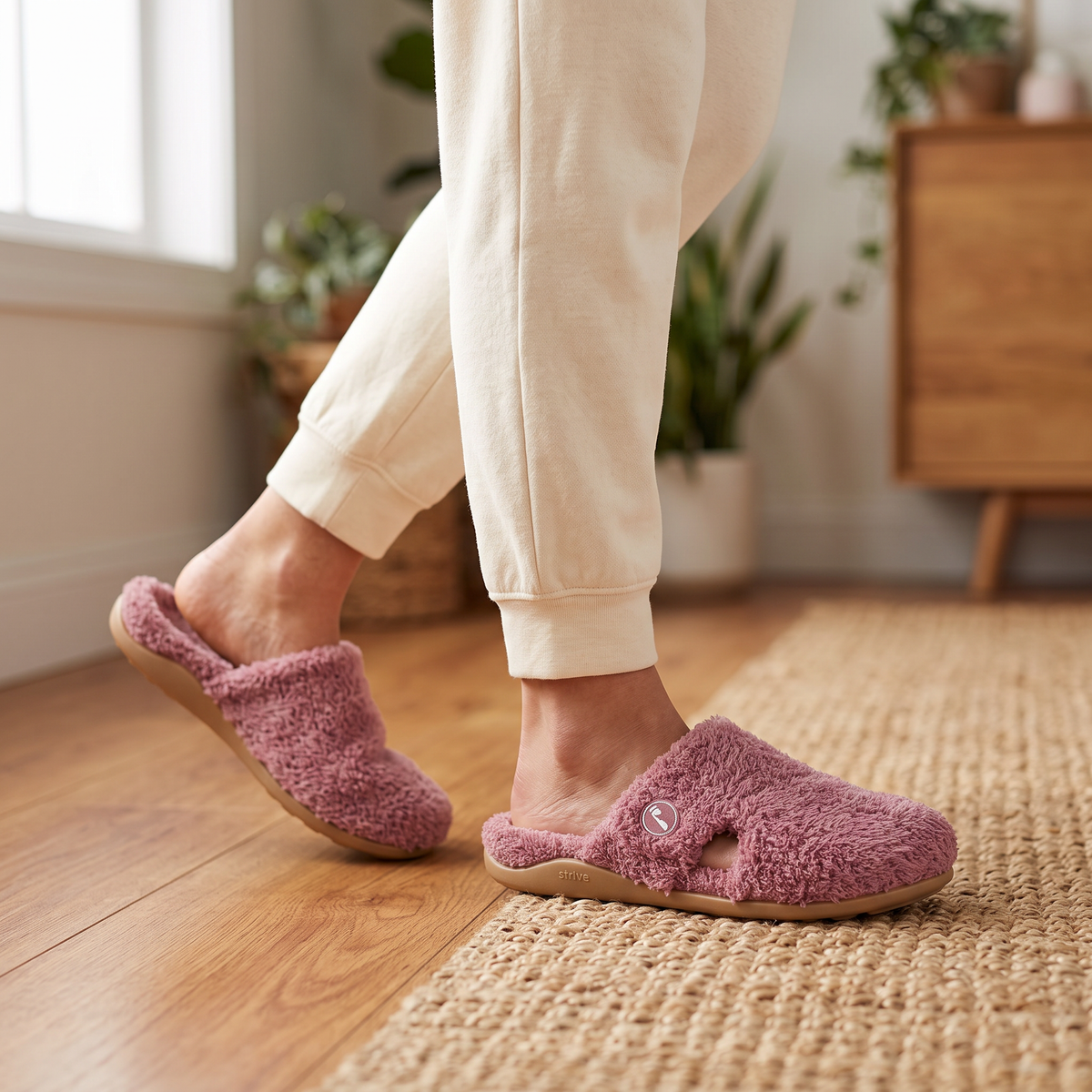 Black Strive slippers in bathroom