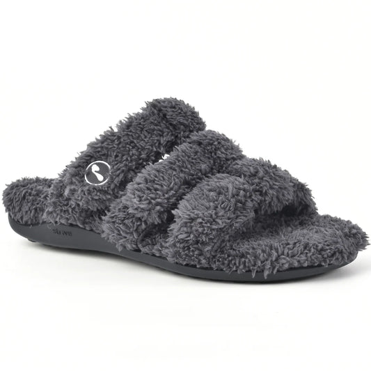 Strive Zella women’s gray orthotic slipper with three adjustable fleece straps, shown from a front side angle.